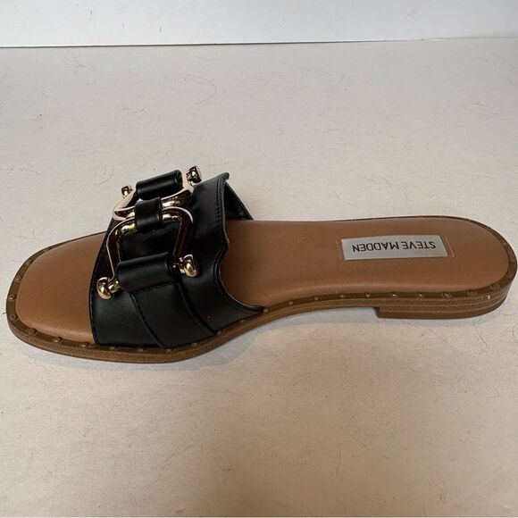 Steve Madden Women's Black Slide Sandals with Gold Buckle Size 6.5 Alita - Picture 3 of 7